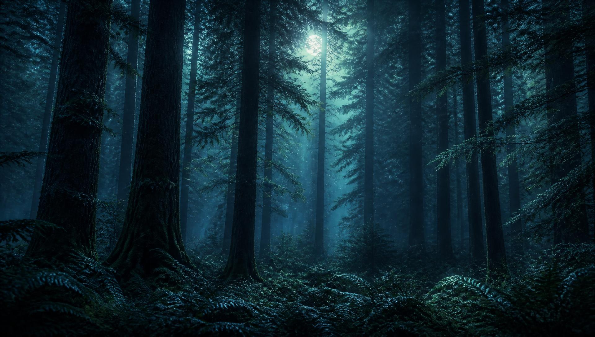 Foggy moonlit evergreen forest